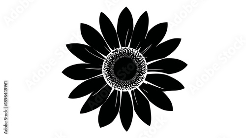 A black and white stylized flower graphic featuring layered petals, a detailed center, on white background