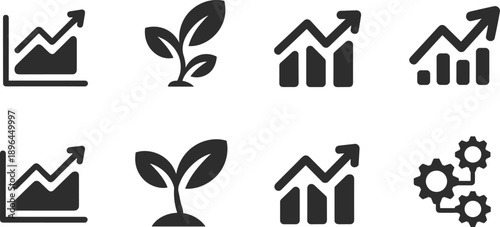 Business Growth Icons Set with Charts, Arrows, Plant Growth and Gears, Startup Development and Financial Progress Illustration Pack for Corporate Design
