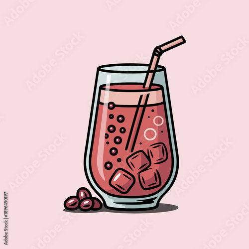 Pomegranate Spritzer Vector Illustration of Refreshing Red Mocktail with Ice and Straw