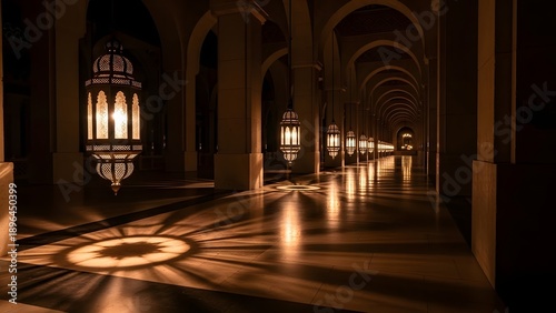 Long dark hallway illuminated by many traditional lanterns casting beautiful light patterns on floor