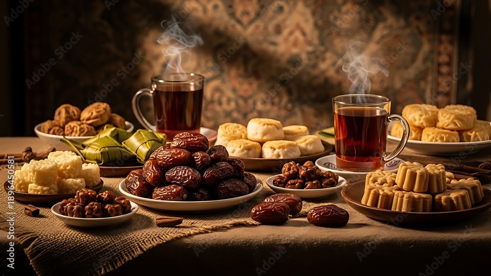 Fototapeta premium Assorted baked goods and tea on table.