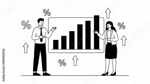 Black white illustration shows a man and woman beside a bar graph with five bars, surrounded by gray percentage signs and upward arrows showing growth.