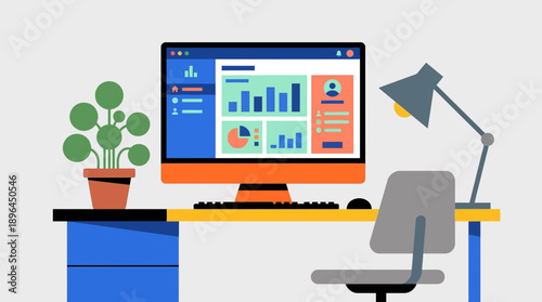 Cartoon Computer Monitor on Desk with Chair, Lamp, Plant, and Filing Cabinet in Bright Office