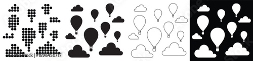 Collection of hot air balloons and clouds in various graphic styles