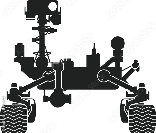 Mars Rover Silhouette with Robotic Arm and Camera Mast, Space Exploration Vehicle Illustration, Black Planetary Rover Clipart Isolated for Science, Technology, and Astronomy Design