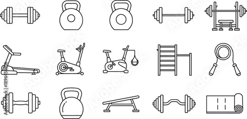 gym icons, fitness equipment, dumbbell, kettlebell, barbell, treadmill, exercise bike, jump rope, yoga mat, bench press, pull-up bar, incline bench, EZ curl bar, workout gear, gym illustration