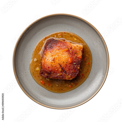 Crispy Pork Dish Served on Plate With Sauce Made From Various Ingredients and...