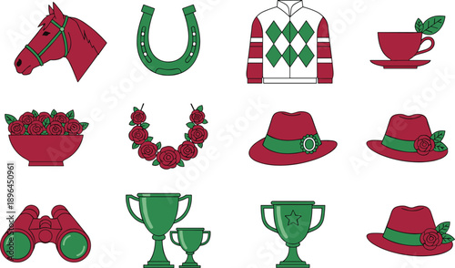 horse racing icons, derby symbols, jockey shirt, rose necklace, trophy, binoculars, horse head, derby hat, coconut drink, beach umbrella