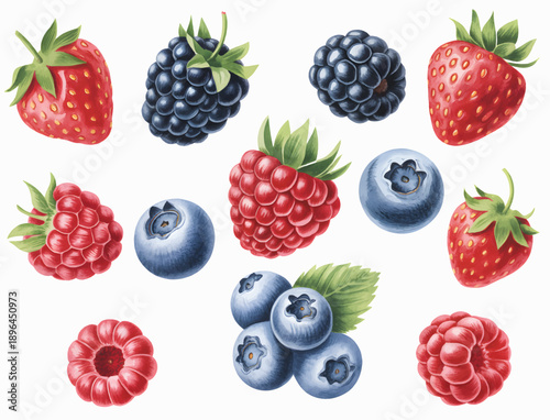 Soft pastel watercolor berry assortment in natural garden style.
