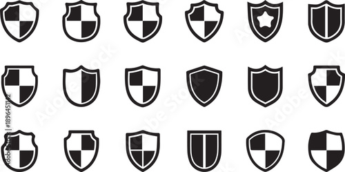 A collection of twenty different black and white heraldic shields with varied designs and patterns isolated on white background, Vector