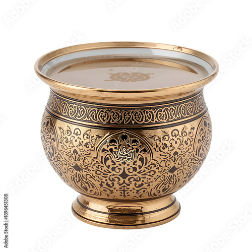 Crafted Golden Cup With Colorful Designs for Display at Art Show