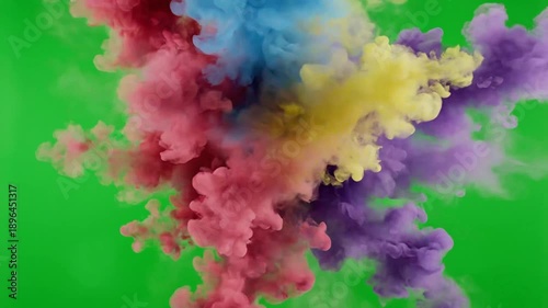 Exploding colorful powder cloud on green background abstract design