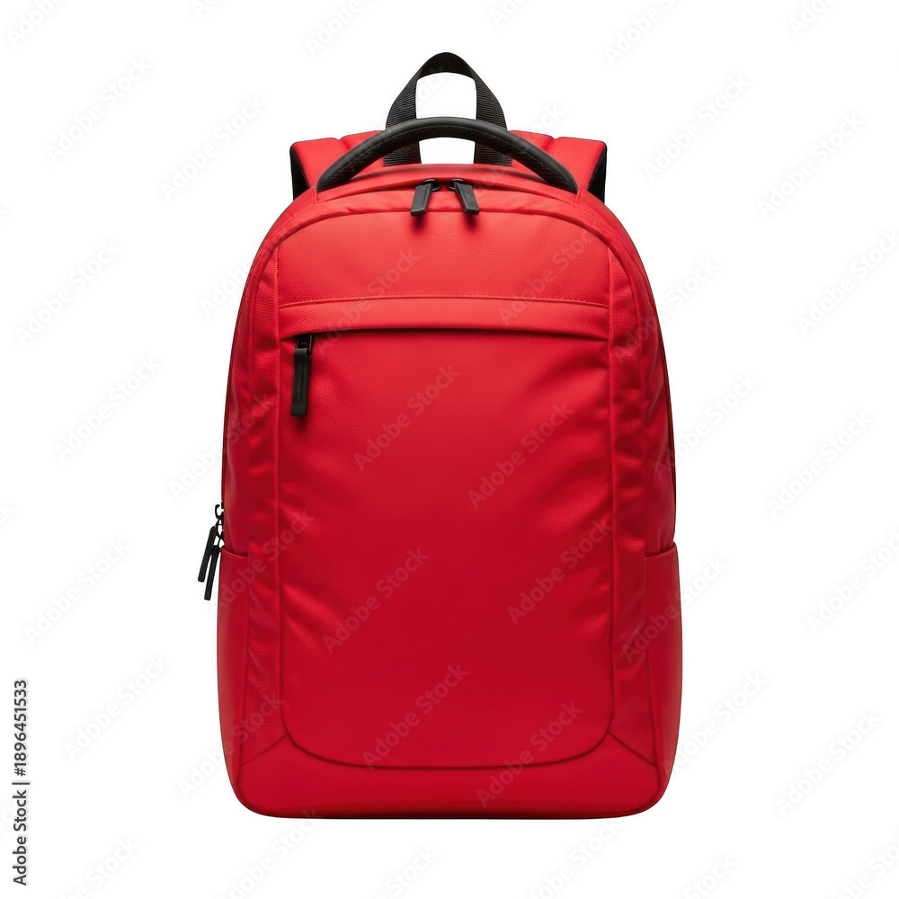 Fototapeta premium Red backpack with multiple pockets and black handle isolated on transparent background