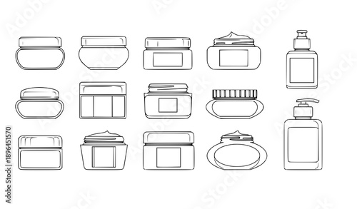 Minimalist cosmetic cream jar vector set with black outline flat design for beauty product branding and packaging