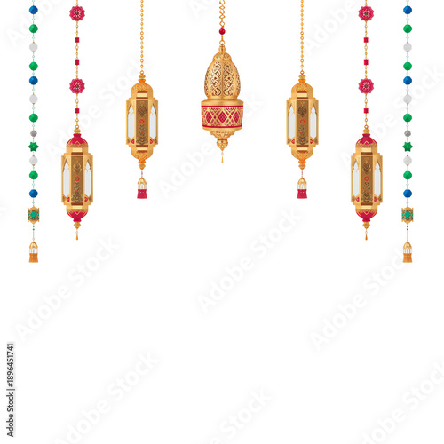 Decorative Lanterns Hang in a Row Creating a Warm Light in a Living Space