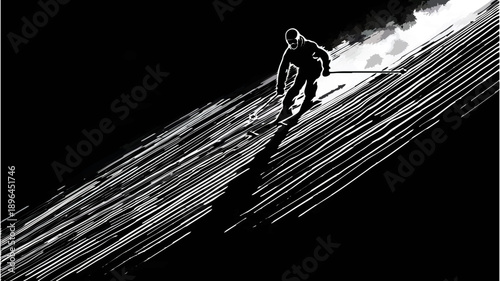 Skier Silhouetted Jumping Against Bright White Sky

