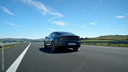 A sleek, modern electric vehicle cruises along an open road, embodying the spirit of travel and the allure of freedom, framed against a vast, cloud-streaked sky.