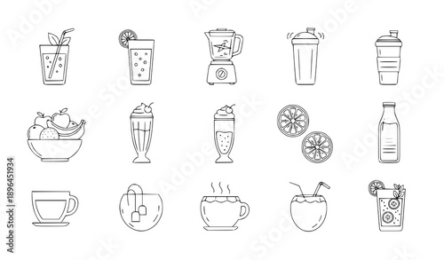 Minimalist black line art smoothie and juice icon set for healthy drinks, cafe, and diet illustrations