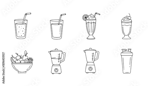 Hand-drawn black line smoothie and juice icons vector set for cafes, diet apps, and healthy drinks