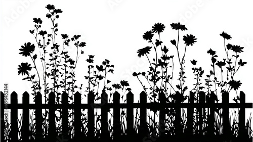 Garden Flowers Silhouetted Behind Picket Fence Against White Background

