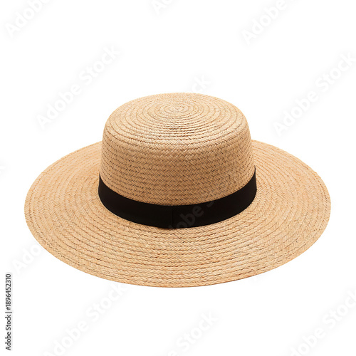 Wide-brim Hat Made of Straw With a Black Band for Summer Use