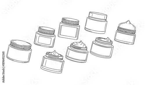 Sleek cosmetic cream jar vector illustration set in black outline style for skincare packaging