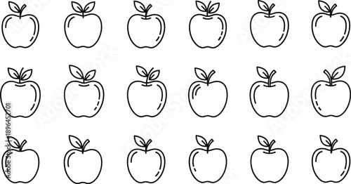Master apple line art collection featuring eighteen uniform minimalist outline icons for professional food and tech branding.