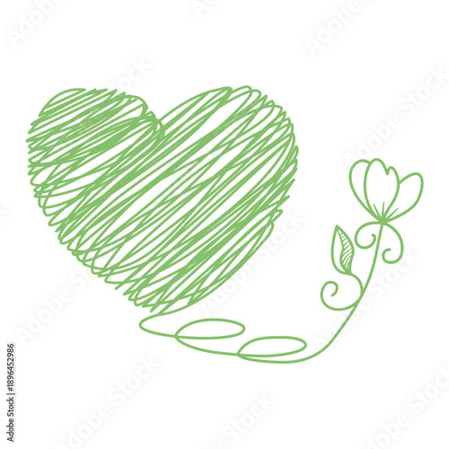 Original design of a roll of yarn in the shape of a green heart and flower