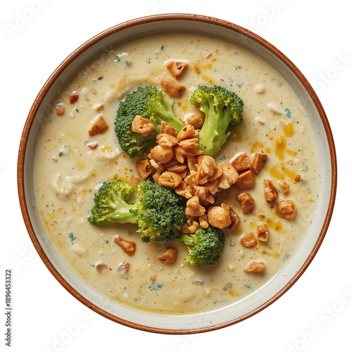 Creamy Soup With Herbs Served in a Brown Bowl on a Simple Table