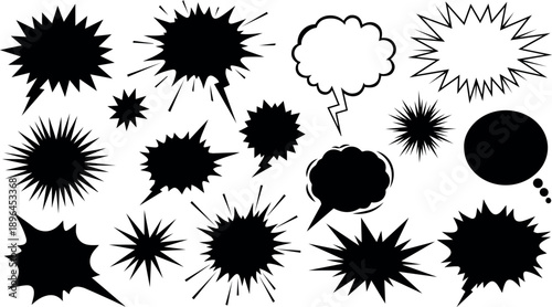 A collection of various thought bubble and explosion graphic designs in black and white isolated on white background, Vector