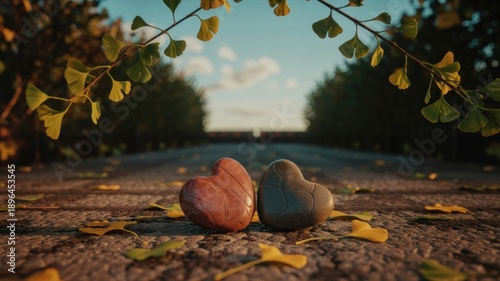 Two stones, elaborately crafted in the shape of hearts, lie close to each other. The image represents love, loyalty and unity. A photo with a place for the text.