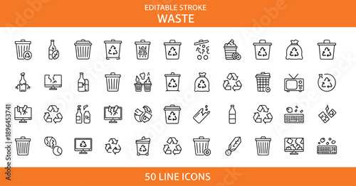 Set of 50 Waste and Recycling Line Icons Featuring Editable Stroke Symbols for Garbage Disposal Environmental Conservation Trash Bins and Pollution Control