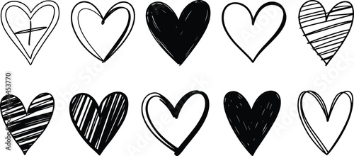 Collection of hand-drawn doodle hearts in various styles and filled black and outlined for love hand drawn