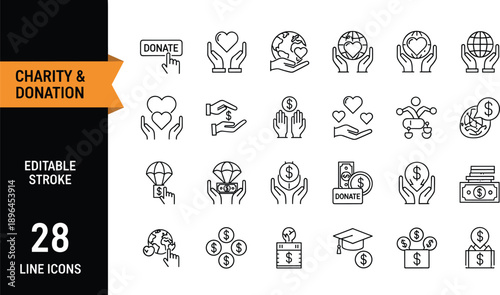 Set of 28 Charity and Donation Line Icons Featuring Editable Stroke Symbols for Humanitarian Aid Philanthropy Volunteering Fundraising and Nonprofit Support