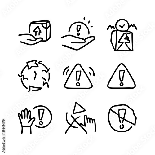 A set of hand-drawn icons illustrating warnings, alerts, packaging, and prohibition concepts