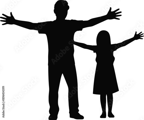 Father and daughter silhouette illustration showing joyful family moment with open arms, love, freedom and togetherness concept, black vector design for parenting themes