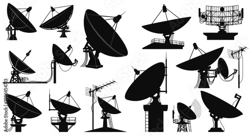 Satellite Dish Signal Icons Set – Communication, Broadcast & Wireless Transmission Symbols