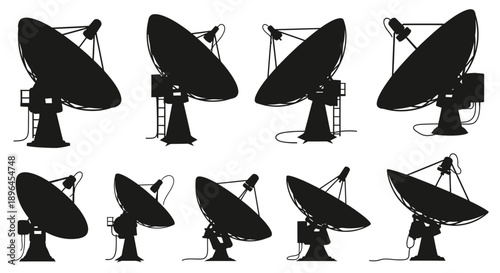 Satellite Dish Signal Icons Set – Communication, Broadcast & Wireless Transmission Symbols