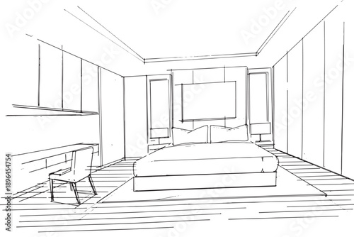 Bedroom sketch drawing,Modern design,vector,2d illustration