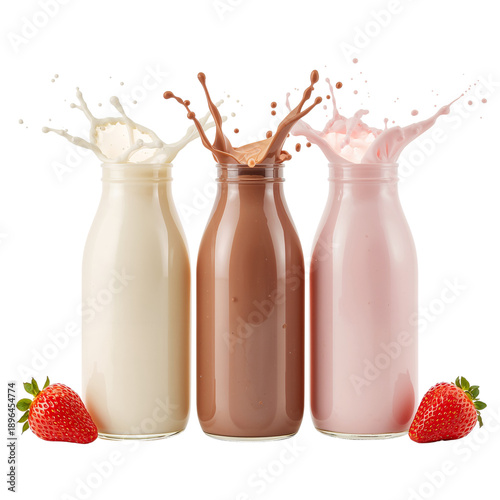 Milk Bottles With Splash Effects and Fresh Strawberries on a White Background...