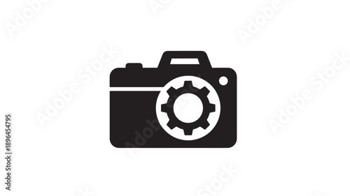 Camera icon with gear wheel for settings in black silhouette style, representing photography tools and mechanical adjustment mechanisms, suitable for user interface or technical illustrations.
