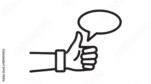 Hand holding a speech bubble icon with a rectangular wristband, black outline, simple line art, minimalistic, communication symbol, information exchange, dialogue, chat, message, communication device,