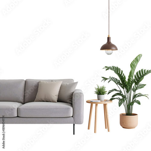 Living Room With Gray Sofa and Plant Next to Side Table in Bright Space