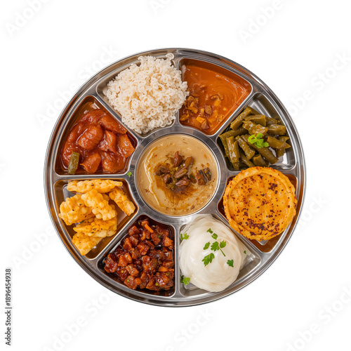 Delicious Variety of Dishes on a Traditional Serving Tray From South Asian Cu...