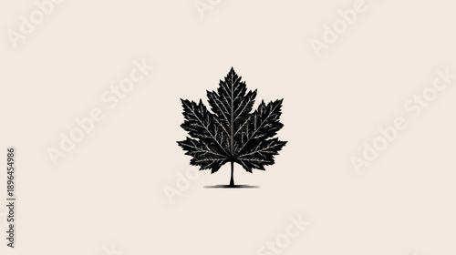 A dark, stylized leaf is centered on a light-colored background. Simple, elegant, nature-themed design