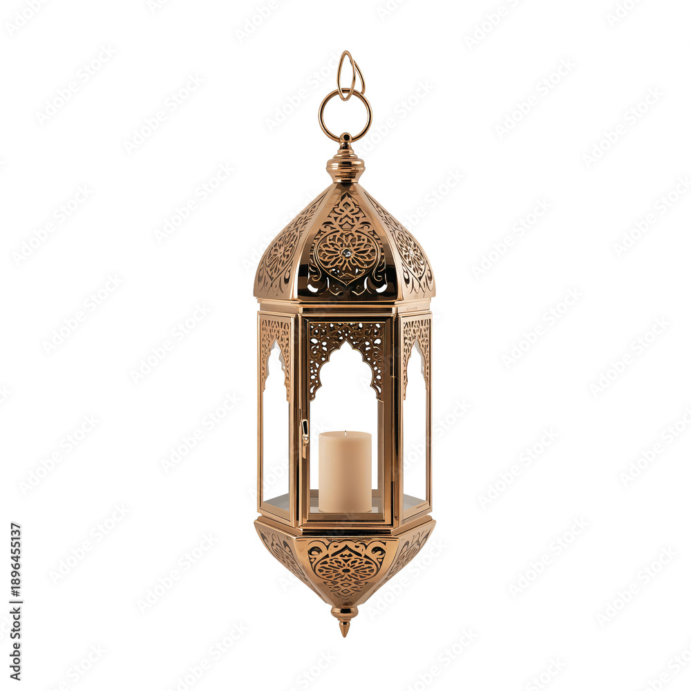 Fototapeta premium Hanging Lantern With Intricate Design and Candle Inside From a Market in the Evening