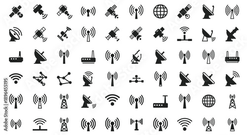 Wireless Communication Icons Set – Satellite, Antenna, WiFi and Network Signal Symbols for Technology Design