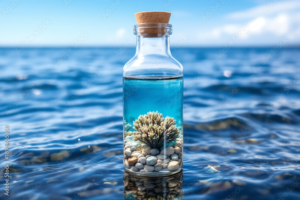 Obraz premium Coral in Glass Bottle by the Sea - Marine Life and Conservation