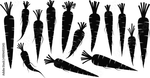 A group of black silhouettes of carrots on a white background