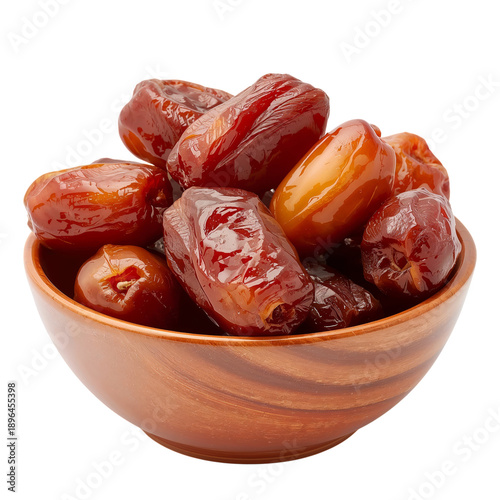 Bowl of Dates in Brown Wooden Bowl on Plain Background